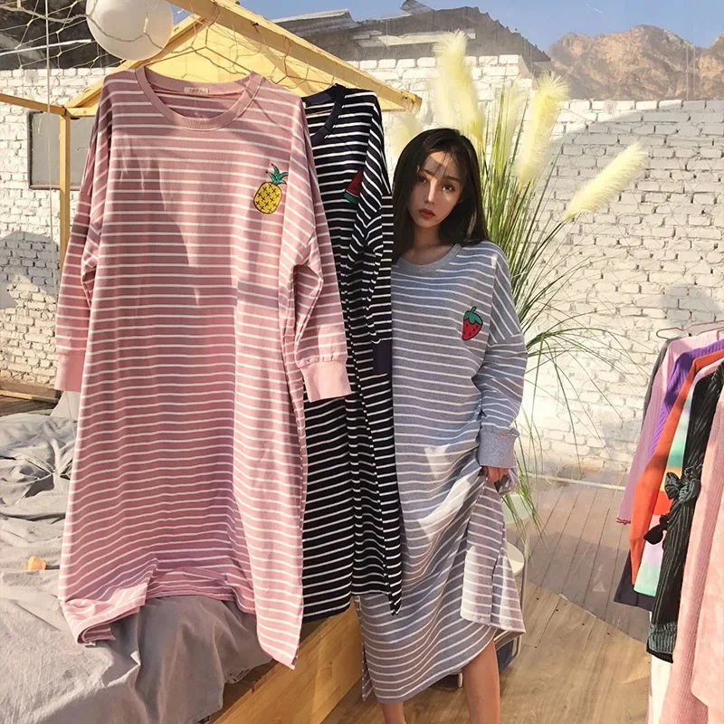 Spring 2024 New Loose-fit Long Sleeve Embroidered Striped Fruit Dress Nightgown Sleepshirt Home Clothes-animated-img