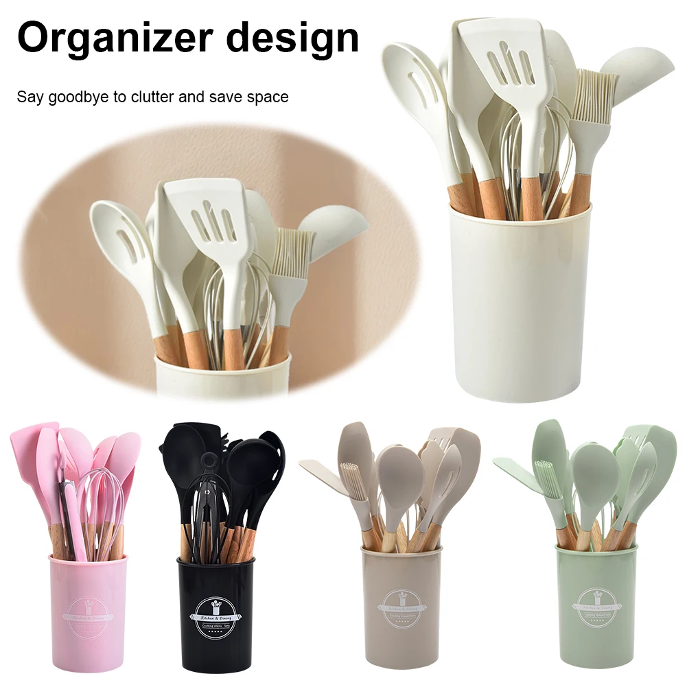 12Pcs Kitchen Utensil Set Silicone Spatula Set with Holder Non-Stick Spatula Set Spatula Spoon Brush Whisk Kitchen Supplies-animated-img