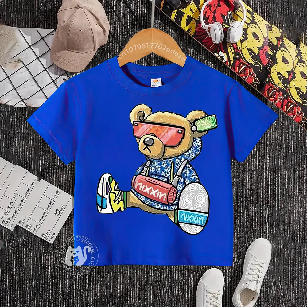 Teen Hip Hop style 100% cotton T-shirt Boys Girls Street Violence Bear graphic top Cotton T-shirt doll round neck jumper for kid-animated-img