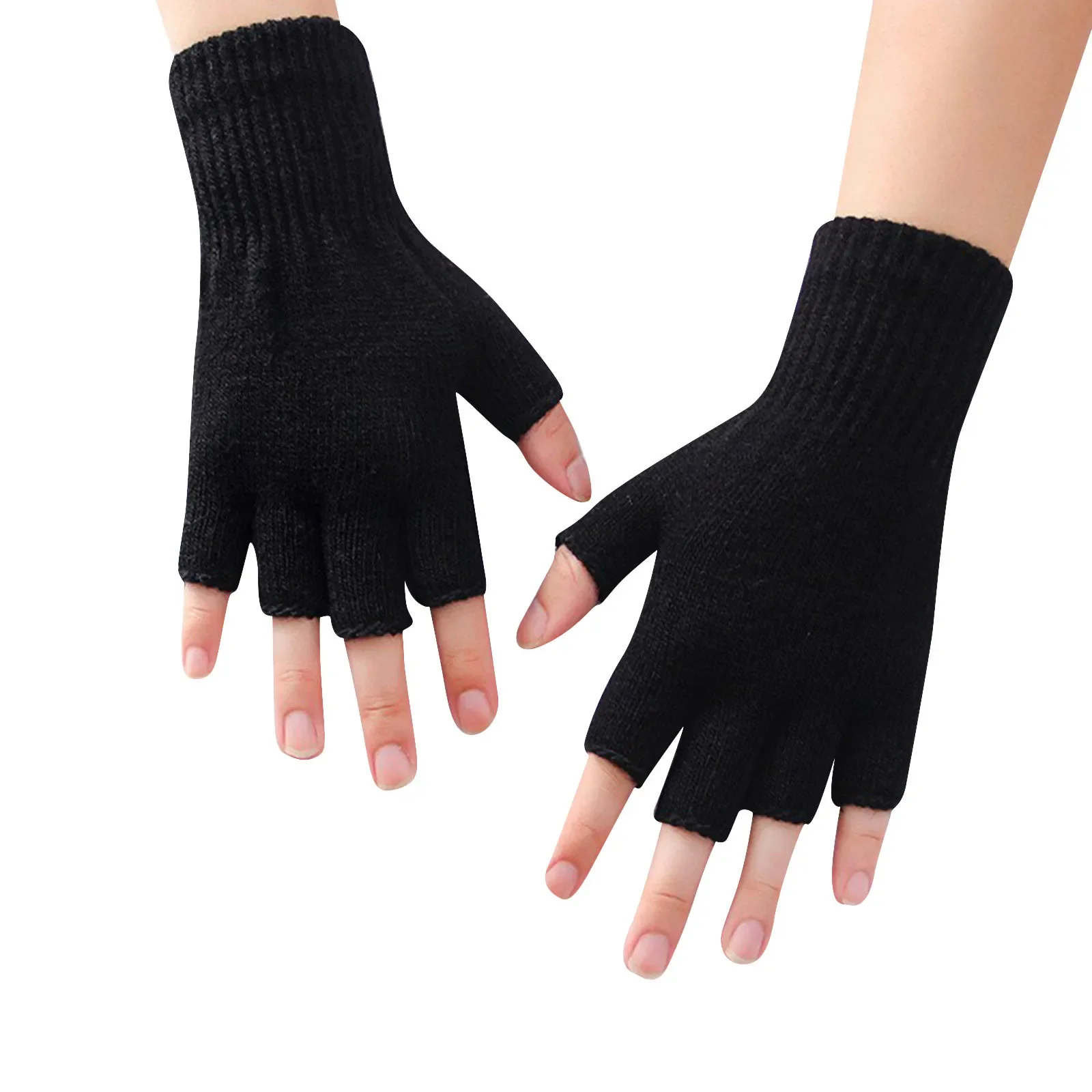 1Pair Black Half Finger Fingerless Gloves For Women And Men Wool Knit Wrist Cotton Gloves Winter Warm Workout Gloves-animated-img