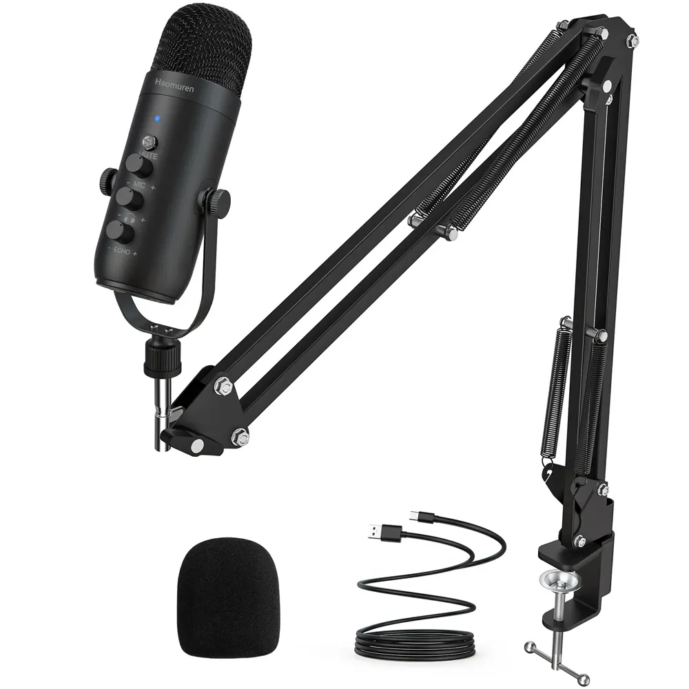 Haomuren Professional USB Streaming Podcast PC Microphone Studio Cardioid Condenser Mic Kit with Boom Arm For Recording YouTube-animated-img