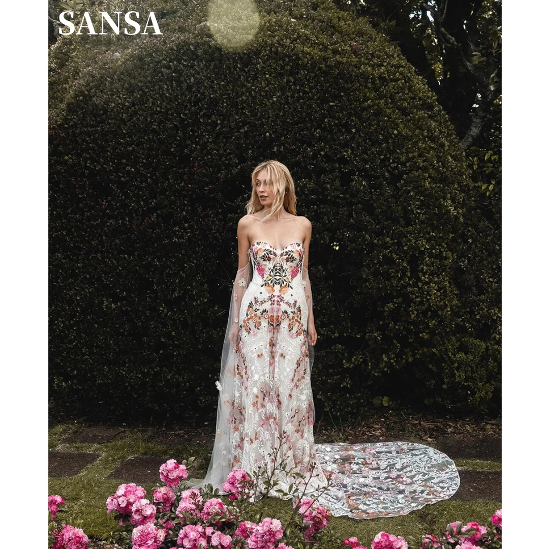 Sansa Real Photos Colorful Flowers Embroidery Lace Wedding Dress Strapless Boho Low Back Custom Bridal Gown Customized 2024 preview-1