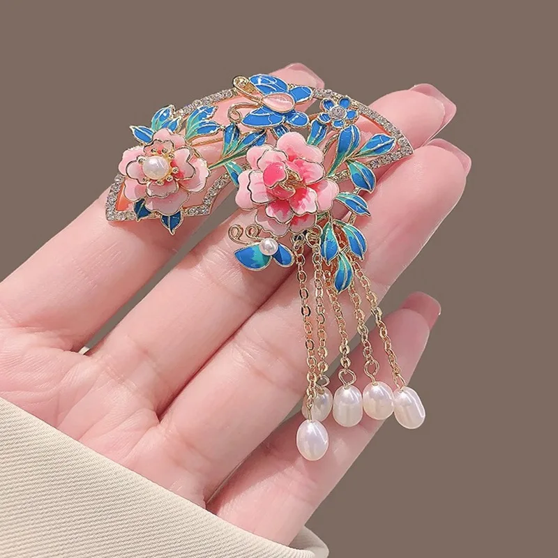 Chinese Style Pink Peony Flower Brooch For Women Elegant Fan Zircon Leaf Long Tassel Enamel Pins Corsage Party Corsage Jewelry-animated-img