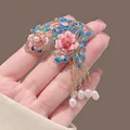 Chinese Style Pink Peony Flower Brooch For Women Elegant Fan Zircon Leaf Long Tassel Enamel Pins Corsage Party Corsage Jewelry preview-1