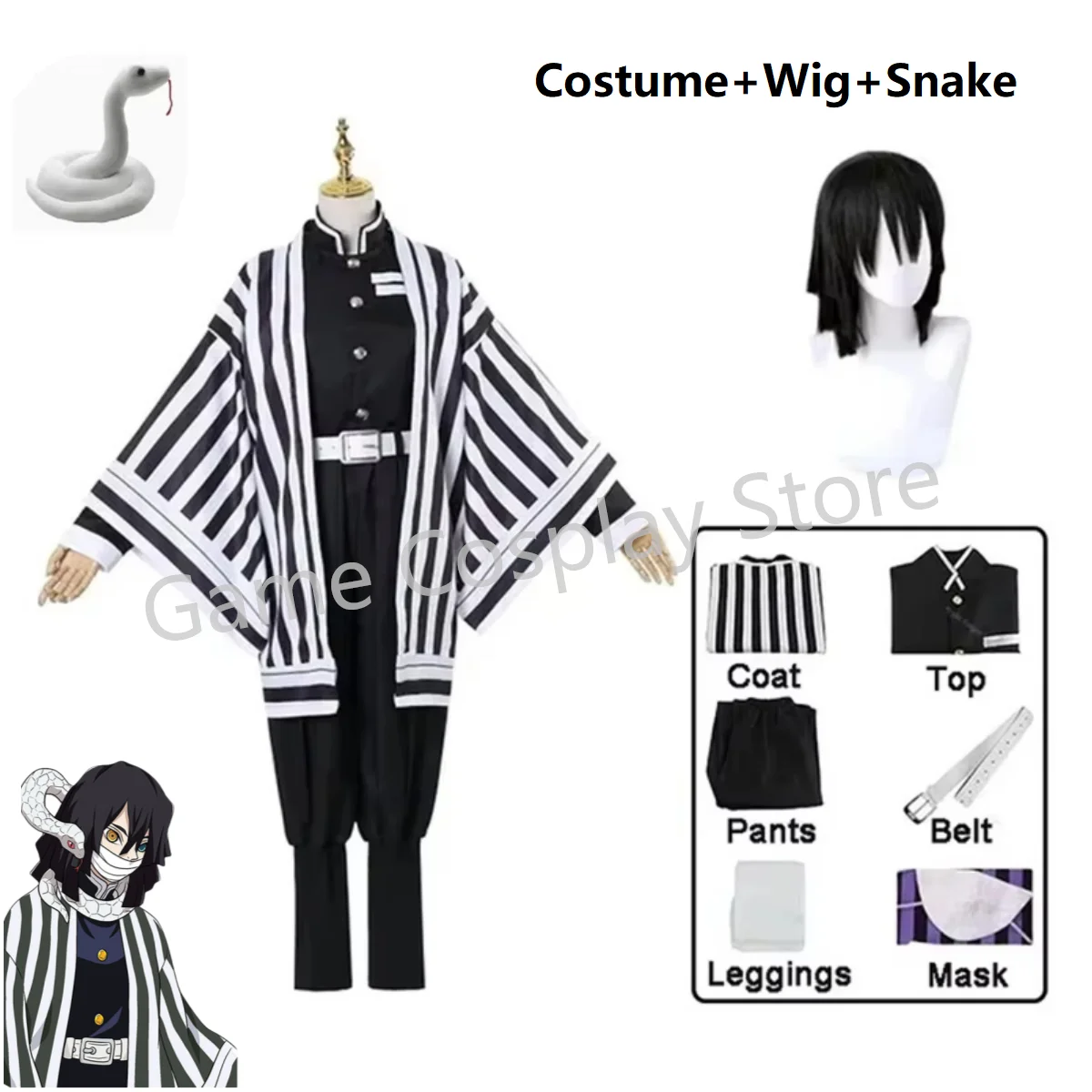 Anime Demon Slayer Kimetsu No Yaiba Iguro Obanai Haori Kimono Cosplay Costume Wig Snake Props White Halloween Costume-animated-img