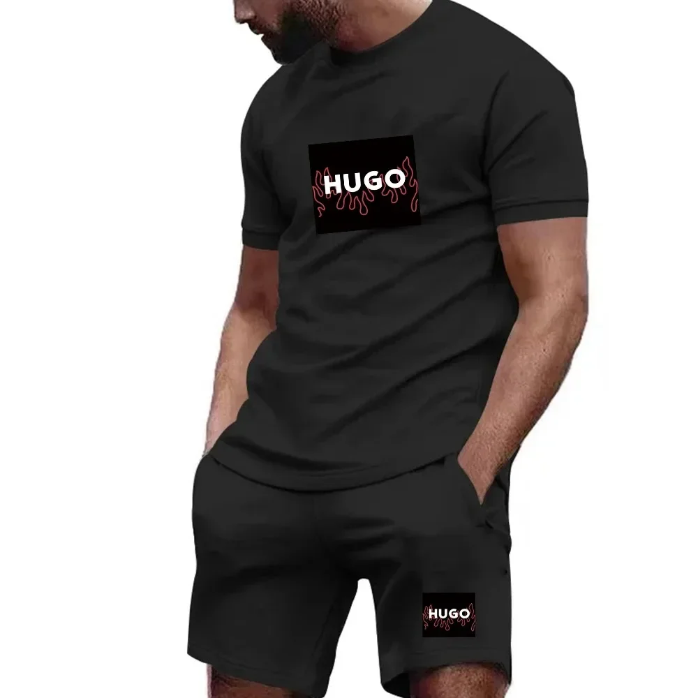 Summer Tracksuit Men Sports Set Casual Fitness Jogging Fashion Short Sleeve Cotton Hugo T-shirt Suit Shorts 2 Piece Sets Clothes-animated-img