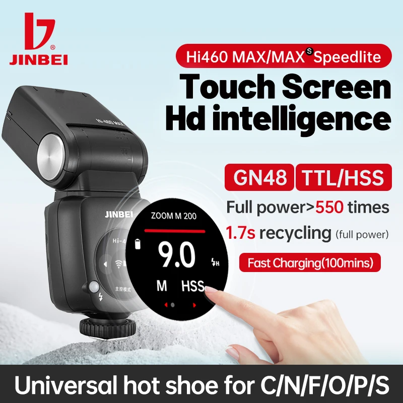 JINBEI HI460MAX Speedlite GN48 TTL/HSS Camera Flash Touch Screen Speedlight 2000mAh Universal for Canon Sony Nikon Fuji Olympus-animated-img