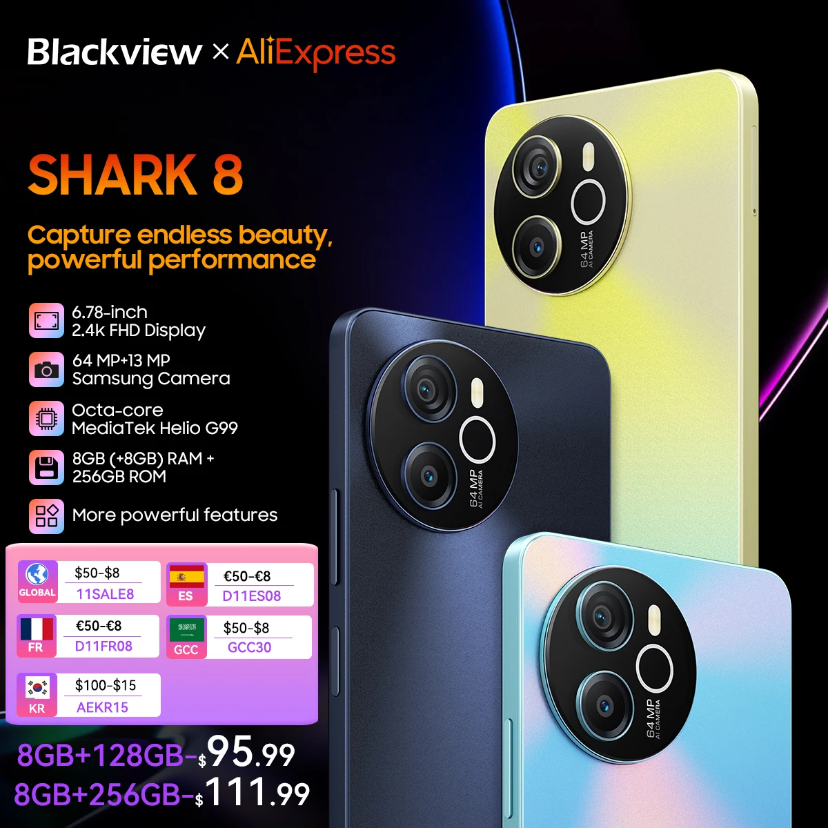 Blackview Shark 8 6.78 2.4K 120Hz Display MediaTek Helio G99  8GB+128GB/256GB 64MP Camera 4G Smartphone