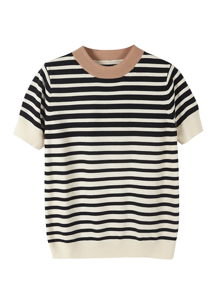 2024 New Summer Autumn Brand Quality Breathable Knit T Shirt 100% Cotton Clothes Striped Patchwork Tops C-003-animated-img