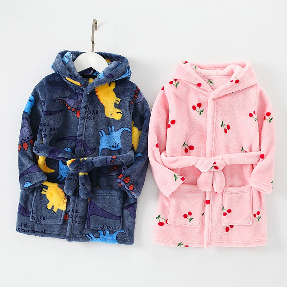 Children Clothing Home Wear Boys and Girls Bathrobes Pajamas Cartoon Flannel Hooded Children Comfortable Nightgowns Robes-animated-img