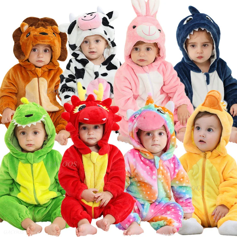 0 to 1 2 3 4 Years Kids Kigurumi Rompers Winter Hooded Cartoon Jumpsuit Baby Clothes Children Animal Halloween Cosplay Costumes-animated-img