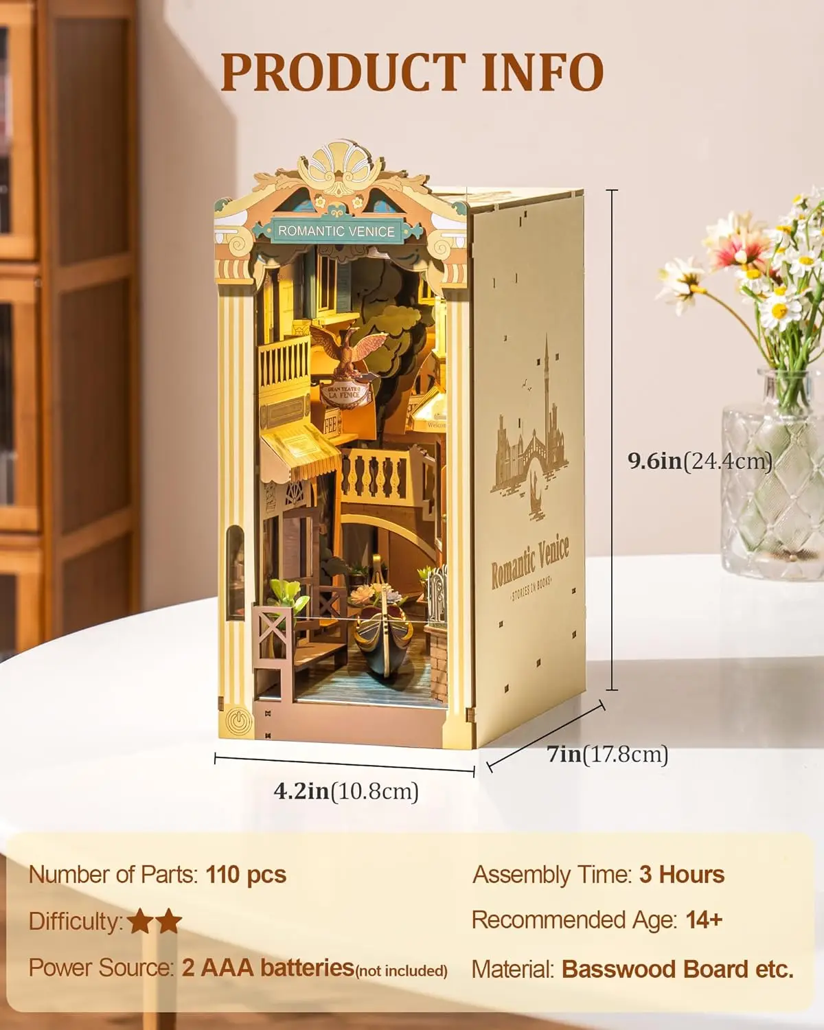 Robotime Book Nook Kits Romantic Venice with LED Lights 3D Wooden Puzzle Bookend Bookshelf Miniature House Kit for Adults-animated-img