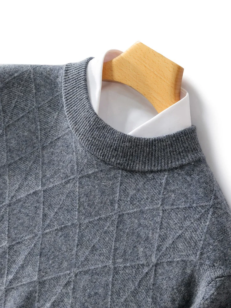 Men's Autumn Winter Cashmere Sweater Mock Neck Long Sleeve Pullover Rhombus Knit Smart Casual Thick 100% Merino Wool Knitwear-animated-img