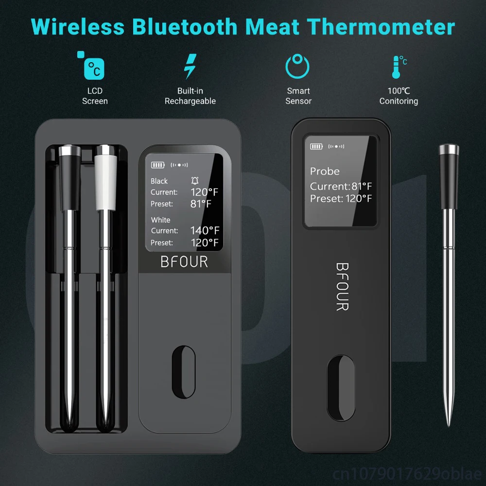 Wireless Bluetooth Meat Thermometer IP67 Waterproof Probes with LCD Screen Booster Rechargeable for Grilling Smoker BBQ Oven-animated-img