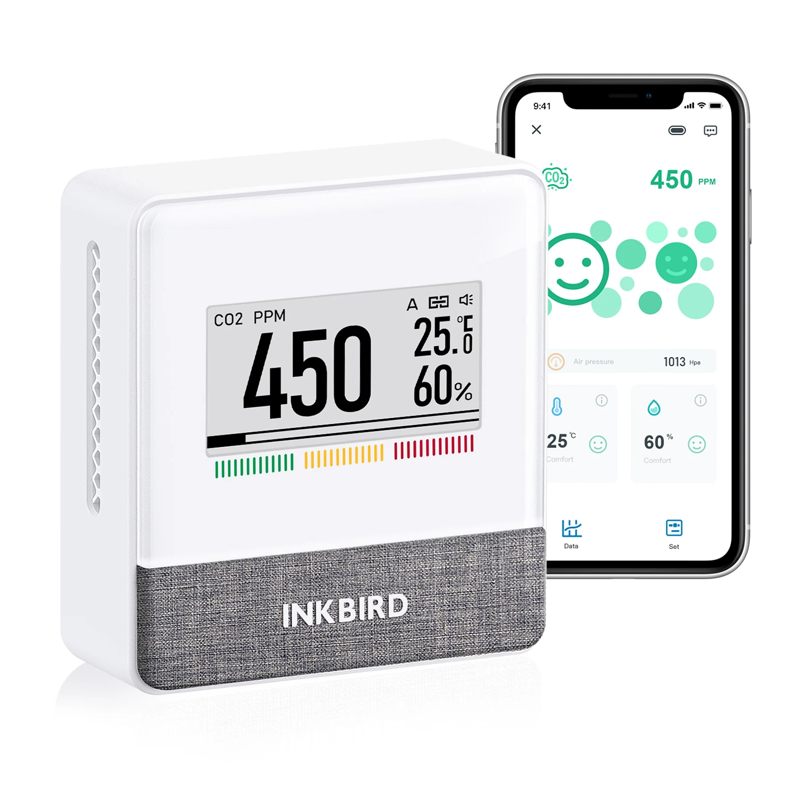 INKBIRD IAM-T1 Smart Indoor Air Quality Monitor Electronic Ink Display CO2 Level Indication App Monitor CO2 Temperature Relativ-animated-img