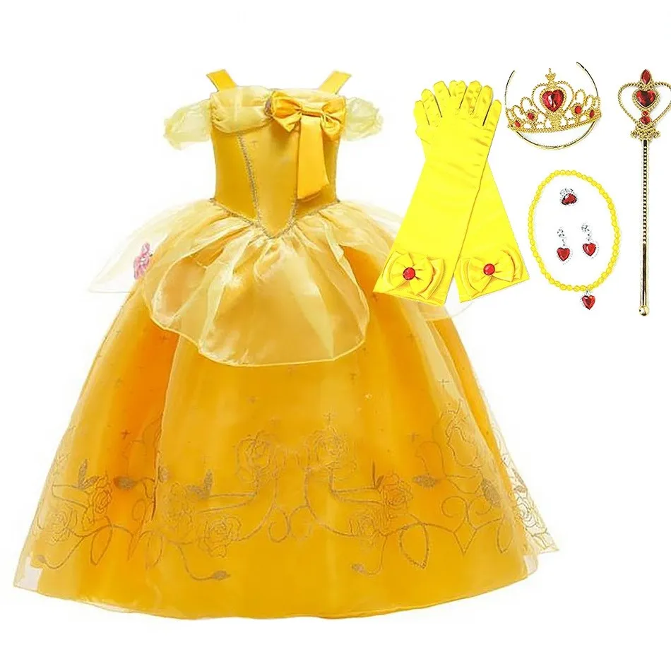 Girl Belle Dress Up Sleeveless Floral Children Party Princess Costume Kids Beauty and The Beast Halloween Carnival Outfit Clothe-animated-img