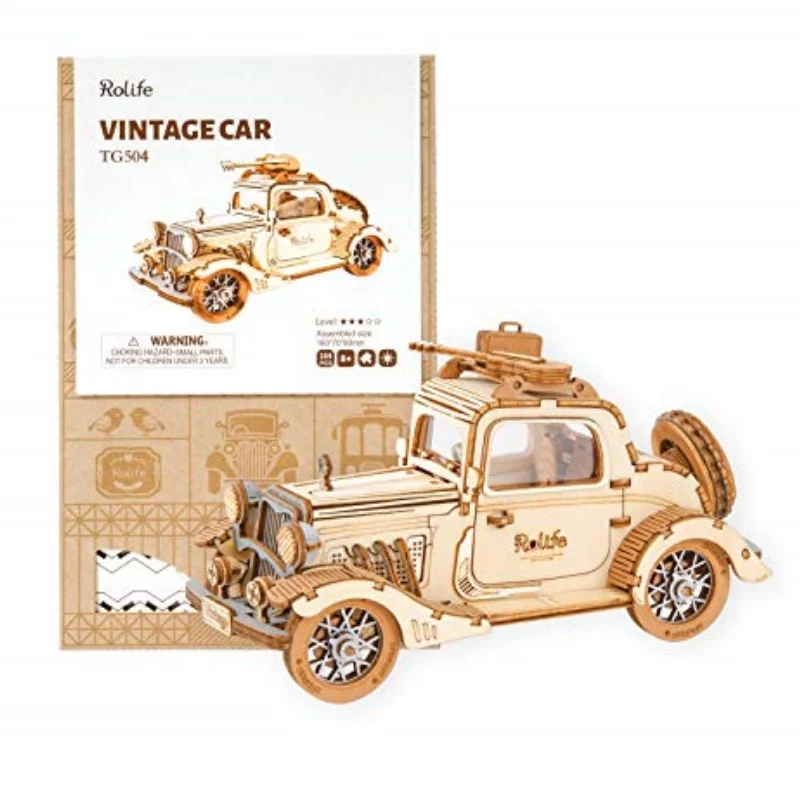 Robotime 3D Wooden Puzzles Car DIY Model Kits to Build Wooden Model Vintage Car Craft Gift for Collection Lover-animated-img