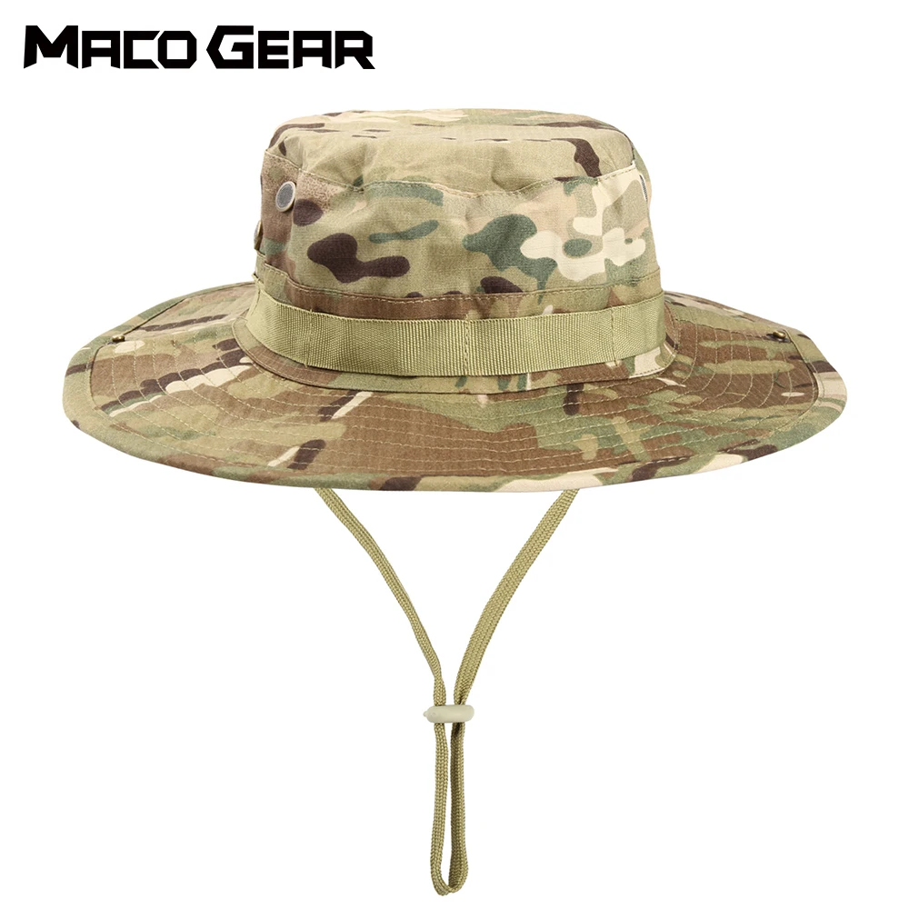 Breathable Tactical Fishing Sun Hat Summer Camouflage Adjustable Bucket Hats Hiking Boonies Hunting Sports Windproof Panama Cap-animated-img