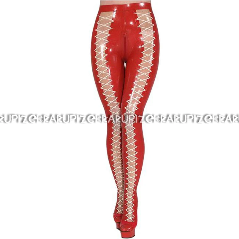 קנו מכנסיים לנשים  Red And Transparent Latex Leggings With Feet Lacing At  Front Crotch Zipper Rubber Pants Jeans Trousers Bottoms CK-0084