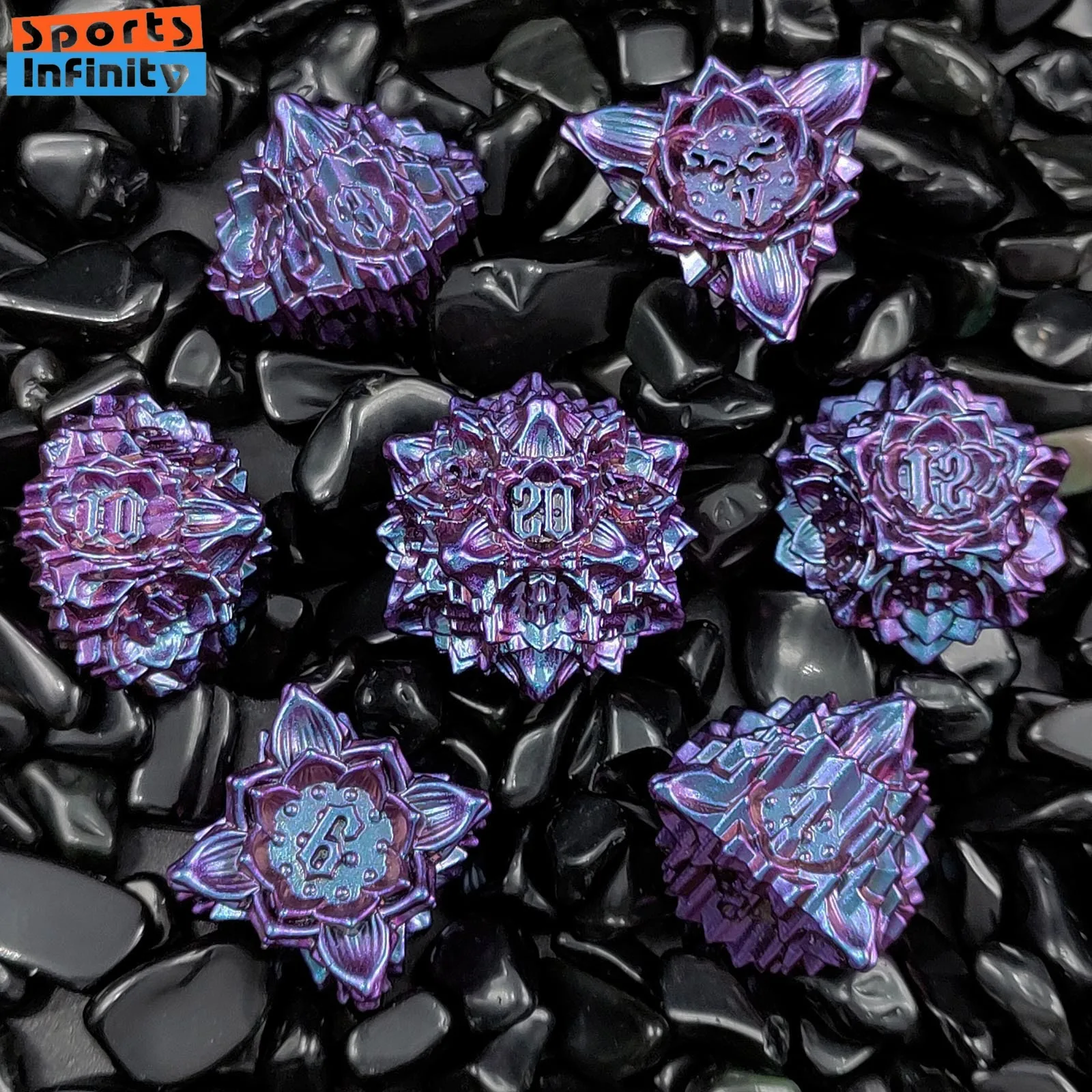 7pcs Colored Lotus Metal Dice Set for DND TRPG COC Running Team D20 D12 D10 D8 D6 D4 Board Game Polyhedral Dice Number Dice Kit-animated-img