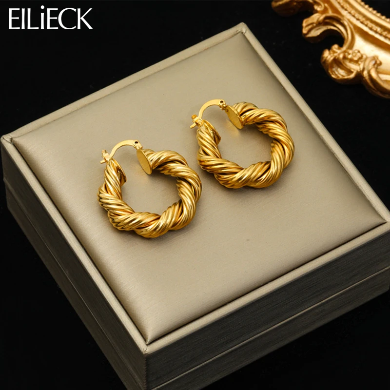 EILIECK 316L Stainless Steel Gold Color Twist Hoop Earrings For Women Fashion Ear Buckle Waterproof Earring Jewelry Gift Party-animated-img