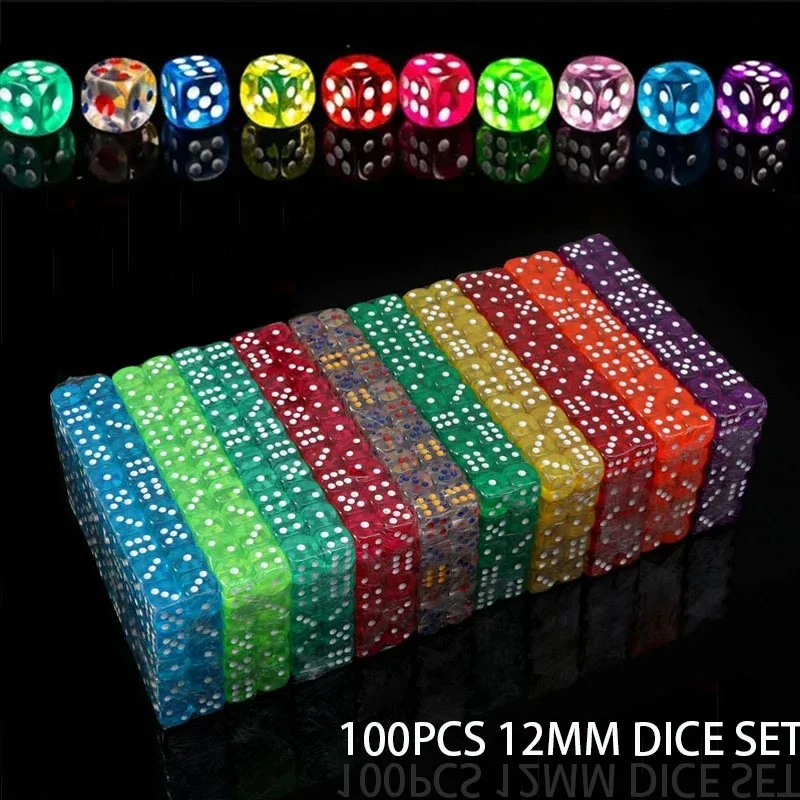 100PCS/Set 12mm D6 Dice, Multicolor Transparent Clear Acrylic, Rounded Edges, for RPG DND, Board Games, and Parties-animated-img