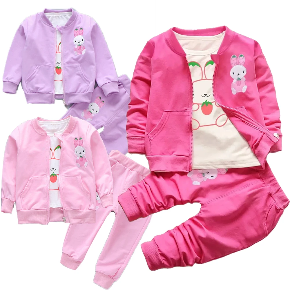 Cute Sport Tracksuits Baby Girls Long Sleeve Coat+T-shirt+Pants 3PCS Suits Toddler Children Rabbit Printed Clothing 1-5 Years-animated-img