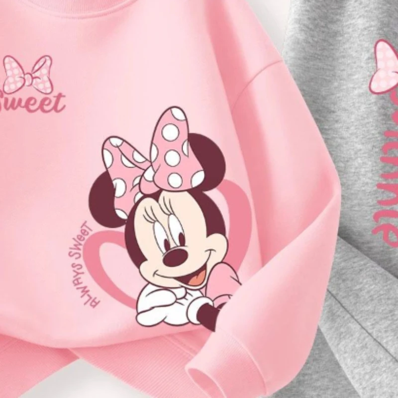 DISNEY Spring Autumn Children's Pullover Sets Minnie Print Girls Clothing Sets Breathable Thin Kids Sweatshirt Pant 2pcs Suit-animated-img