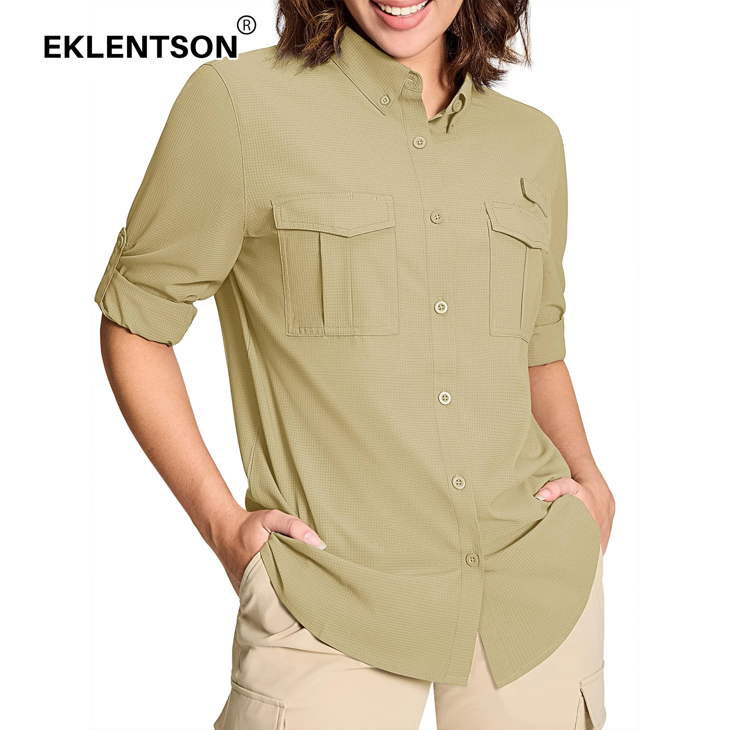 EKLENTSON Sun Protection Fishing Shirt Women's Long Sleeve Button Down Shirts Quick Dry Cooling Hiking Safari Tops-animated-img