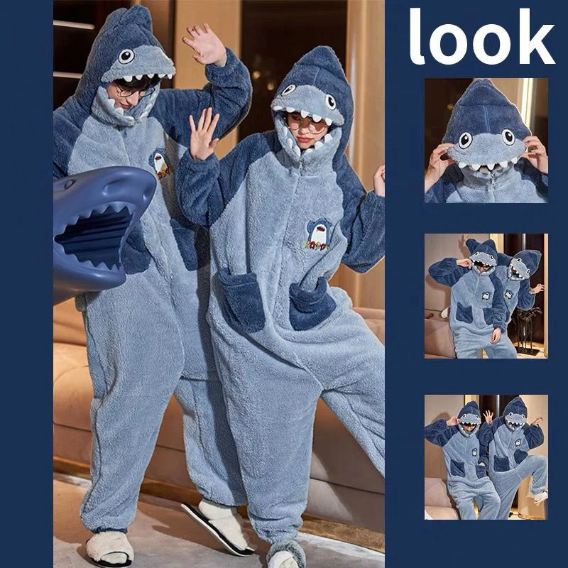 Adults Animal Onesies Pajamas Women Thicken Warm Plush Sleepwear Cosplay Cartoon Dinosaur Shark Flannel Jumpsuits Mens Clothes-animated-img