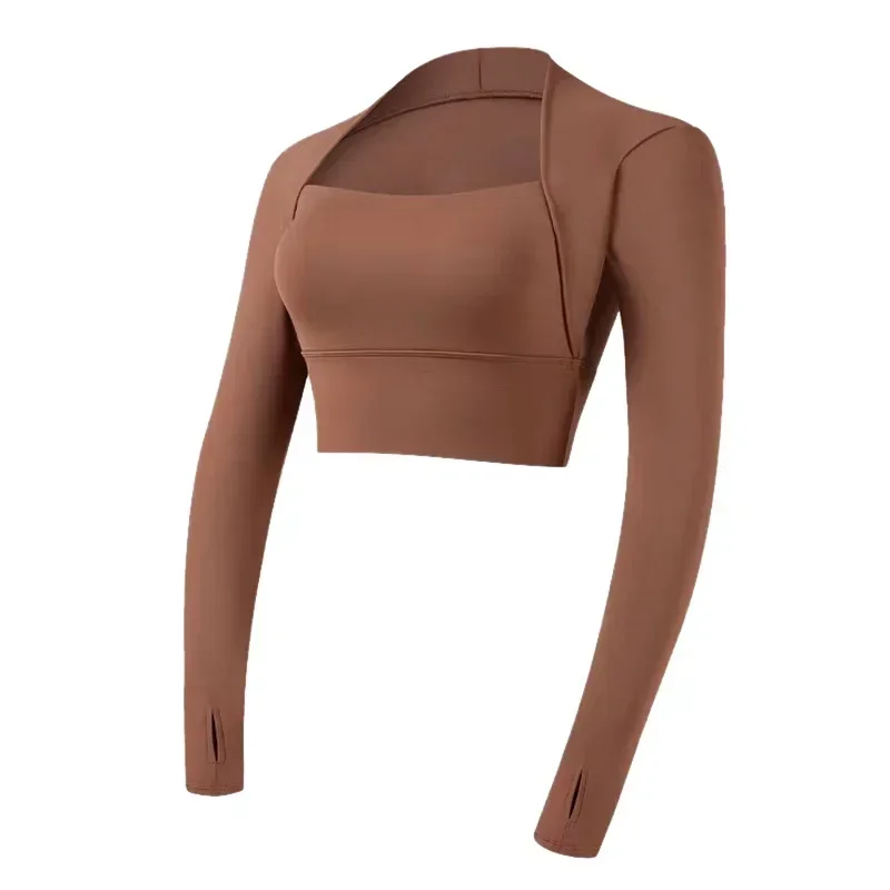 Fitness Chest Cushion Sports Top Women Long Sleeve Shirts Pra Speed Up Short Elegant Dance Yoga Clothes Small Waistband Gym-animated-img