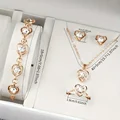 5PCS Set Gold-Color Heart Shaped Jewelry Sets Of Ring Earrings Necklace For Women Elegance Rhinestone Double Heart Jewelry preview-5