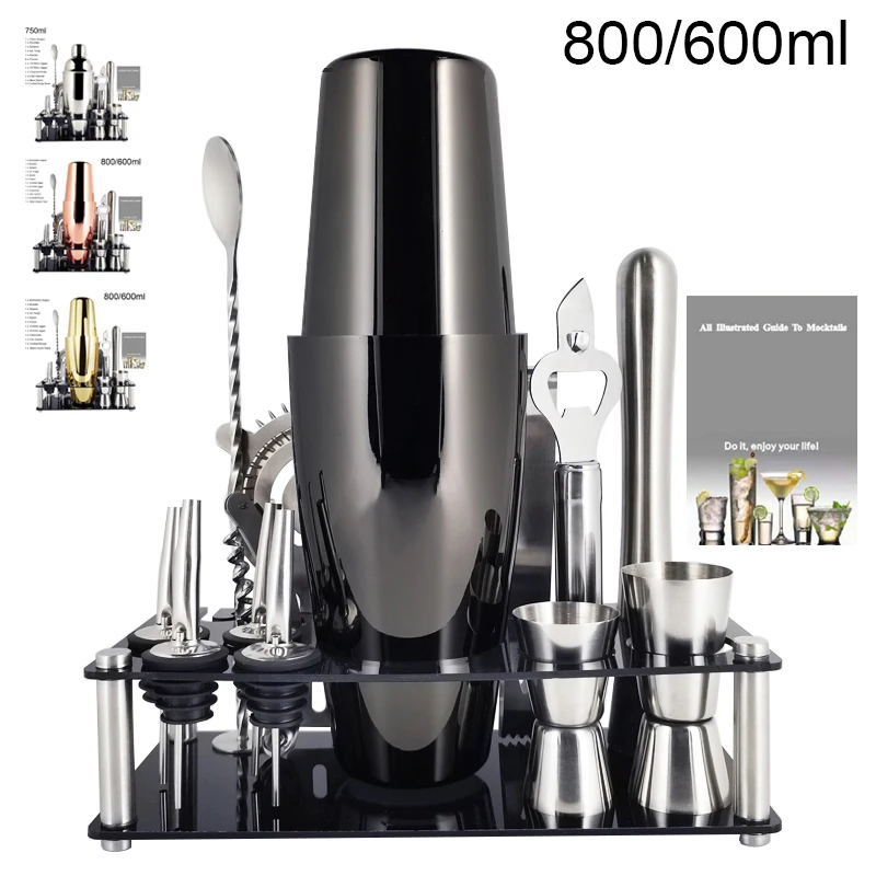 1-14 Pcs/set 600ml 750ml Stainless Steel Cocktail Shaker Mixer Drink Bartender Browser Kit Bars Set Tools With Wine Rack Stand-animated-img