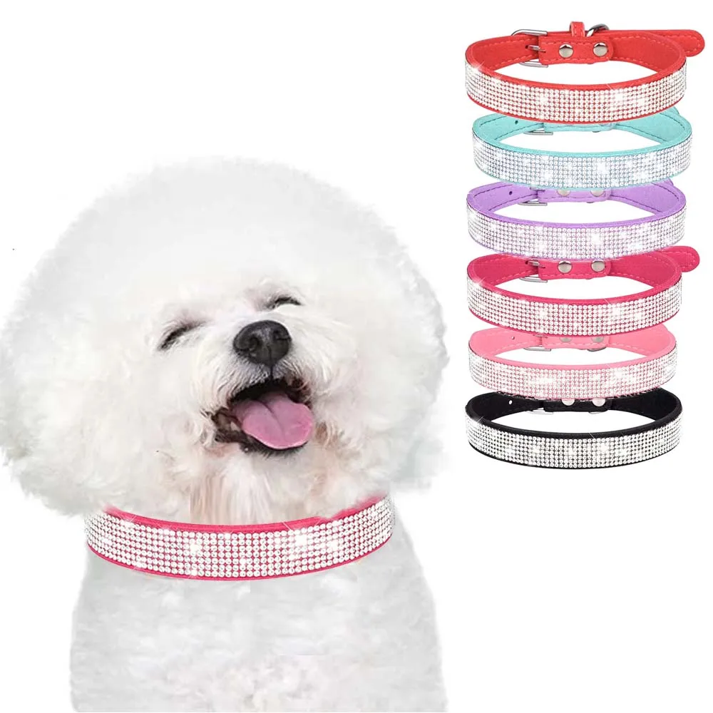 Bling Crystal Dog Collars for Small Large Dog Adjustable Soft Leather Rhinestone Luxury Dog Collars for Puppy Dog  Necklace-animated-img