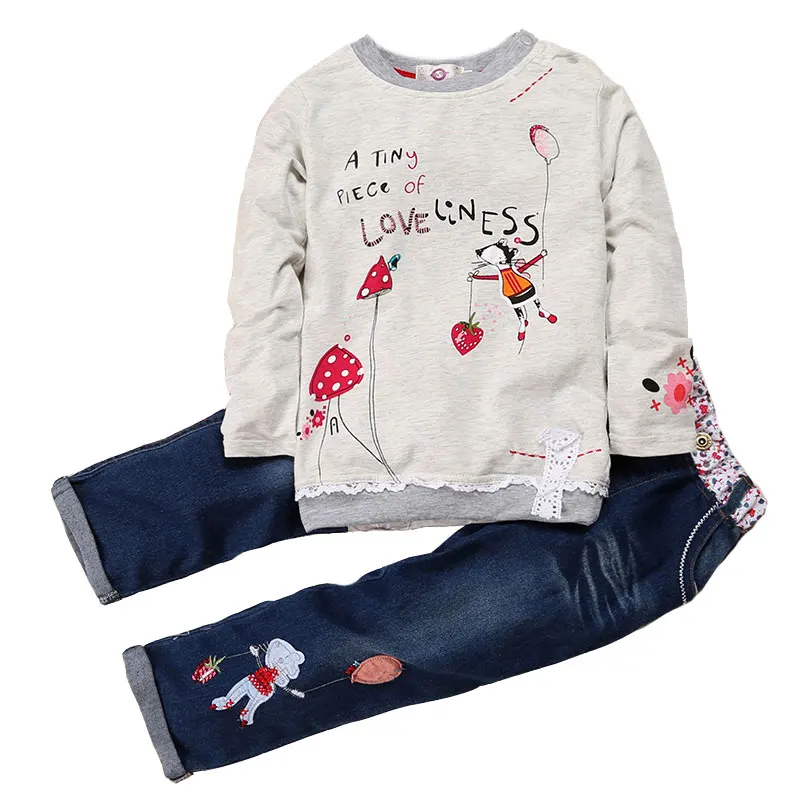 Fashion Spring Autumn Kids Girls Clothing Sets Cotton O-Neck Tops + Jeans 2 PCS Long Sleeve Floral Denim Suits  2 To 6 Years Old-animated-img