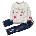 Fashion Spring Autumn Kids Girls Clothing Sets Cotton O-Neck Tops + Jeans 2 PCS Long Sleeve Floral Denim Suits  2 To 6 Years Old