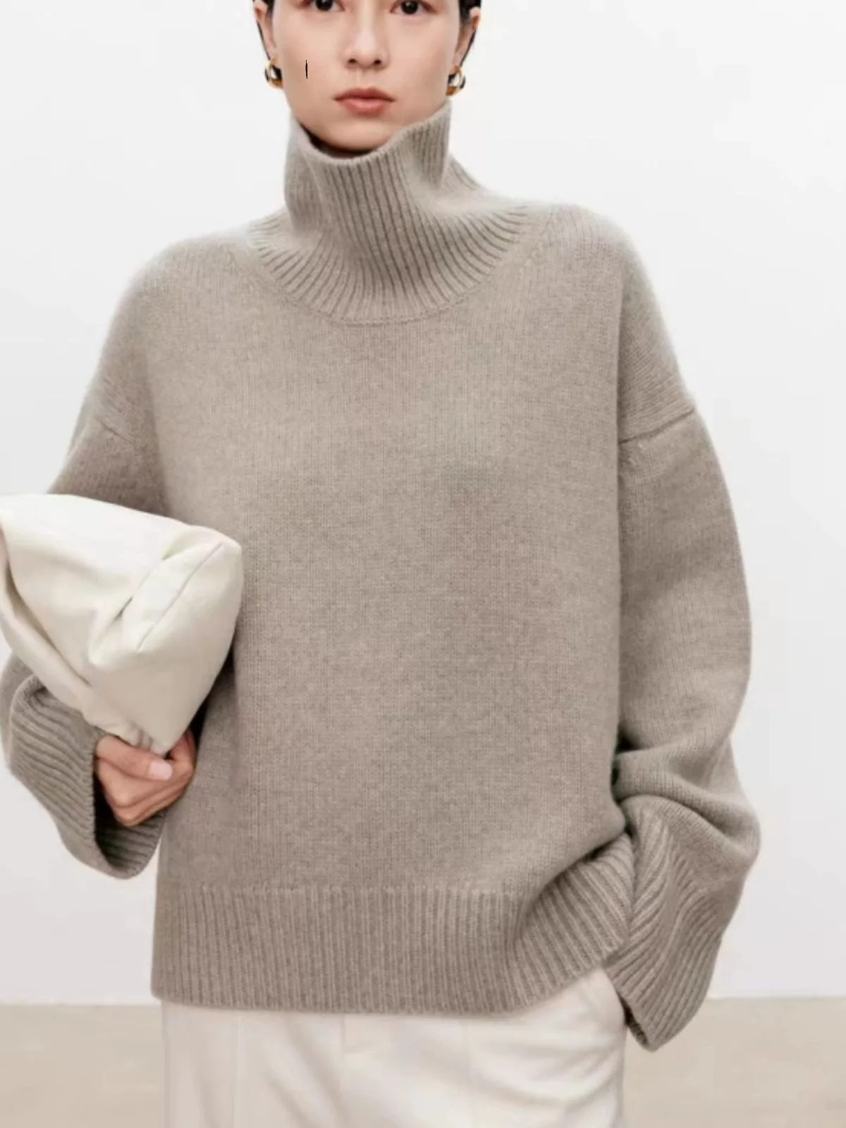 High-end soft waxy turtleneck 100%cashmere sweater women's loose thickened sweater base wool sweater-animated-img