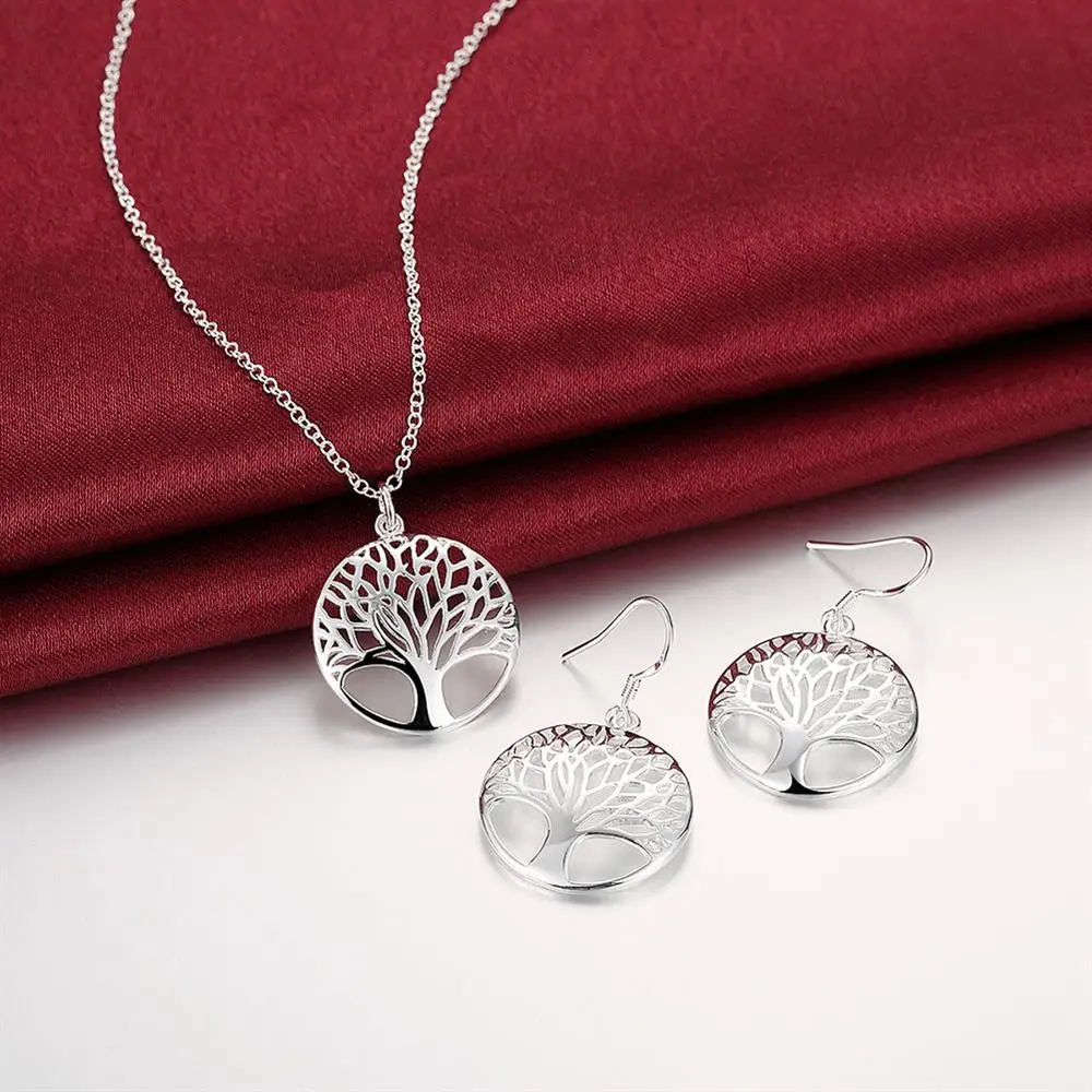 New Popular brands 925 Sterling Silver Fine Round leaves Pendant necklace earrings for woman Jewelry sets Fashion Party wedding-animated-img