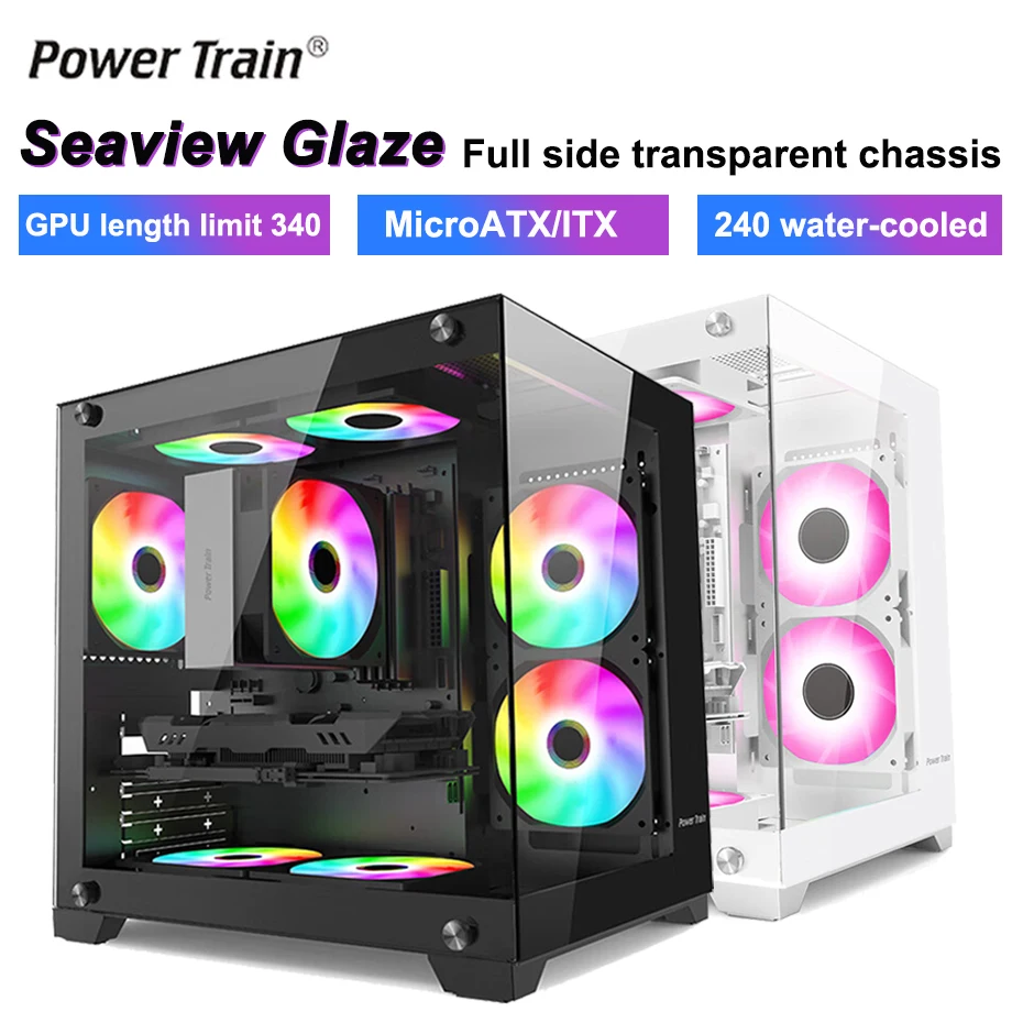 Power Train Seaview Glaze Desktop MATX Case Panoramic Side Transparency Without Pillars Computer Chassis For 240 Water Cooler-animated-img