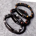 New Fashion Metal Magnetic Buckle Double Beaded Leather Bracelet Men's Trend Charm Natural Stone Beads Bracelet Jewelry Gift preview-3