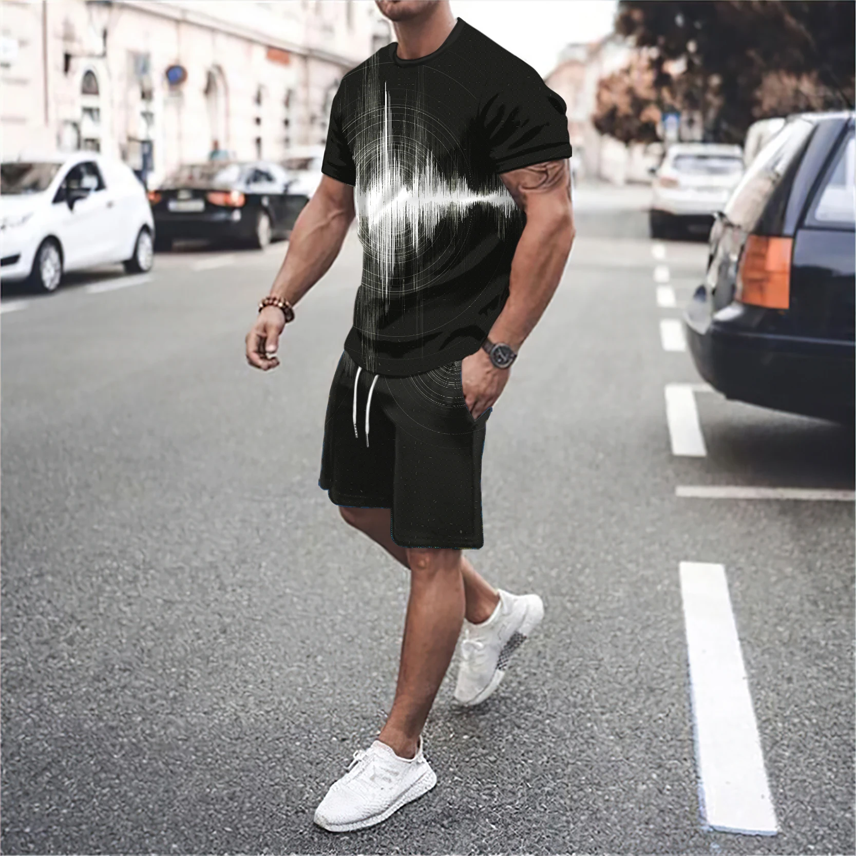 men's 3D letter line splicing outdoor vacation casual street wear round neck short sleeved T-shirt shorts sports set of 2 pieces-animated-img