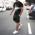men's 3D letter line splicing outdoor vacation casual street wear round neck short sleeved T-shirt shorts sports set of 2 pieces preview-1