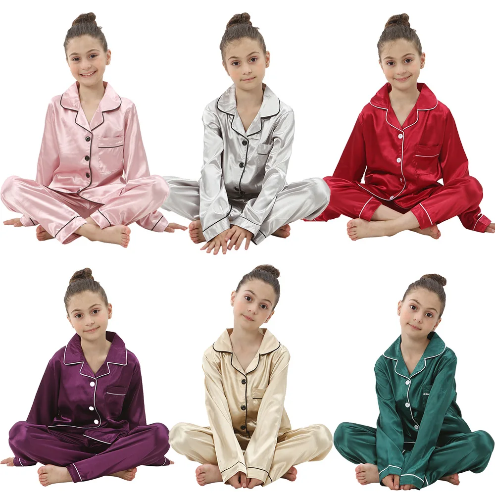 Boys Girls Satin Silk Pajamas Sets for Kids Toddler 2 to 3 4 5 6 7 8 9 10 11 12 13 14 Years Long/Short Sleeved Pink Red Pijamas-animated-img