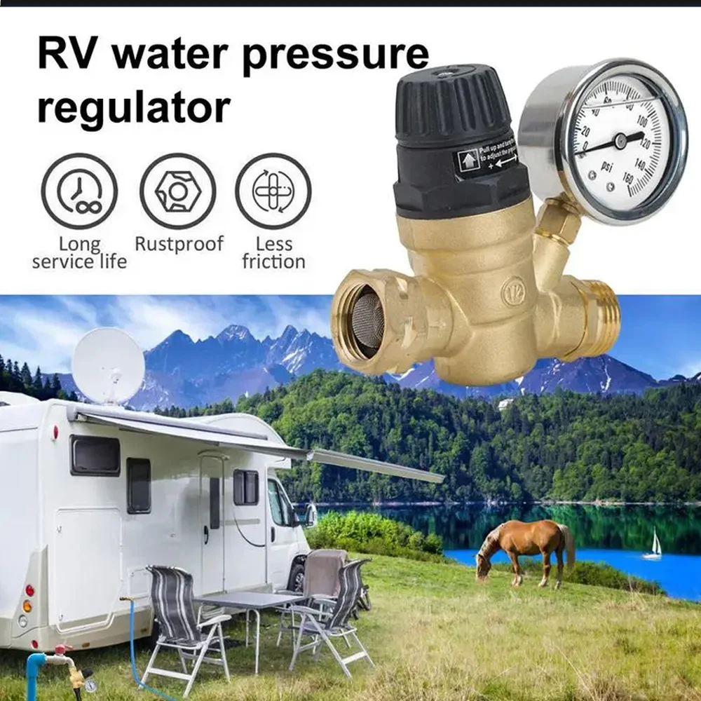 Water Pressure Regulator for RV Camper Brass Lead-Free Adjustable RV Water Pressure Regulator with 0-160 PSI Gauge Reducer Valve-animated-img