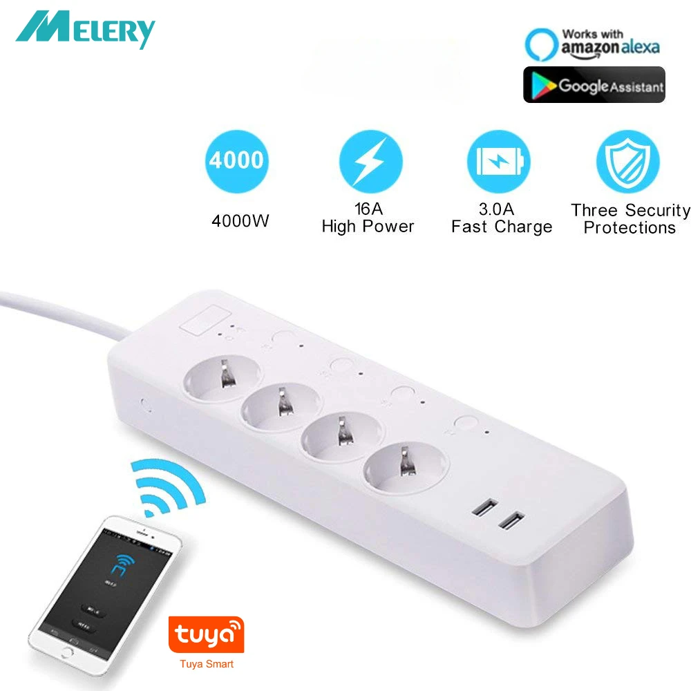 Wifi Smart Power Strip 4EU 4USB Outlets Plug 5V3.1A Charging Port Timing  Bluetooth Control with Alexa Google Home Assistant