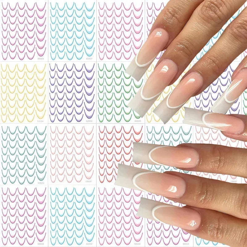 6/18pcs French Manicure Sticker 3D Gradient Color Nails Decals Self-Adhesive Lines Nail Art DIY Moon Shape Stencil Stickers-animated-img