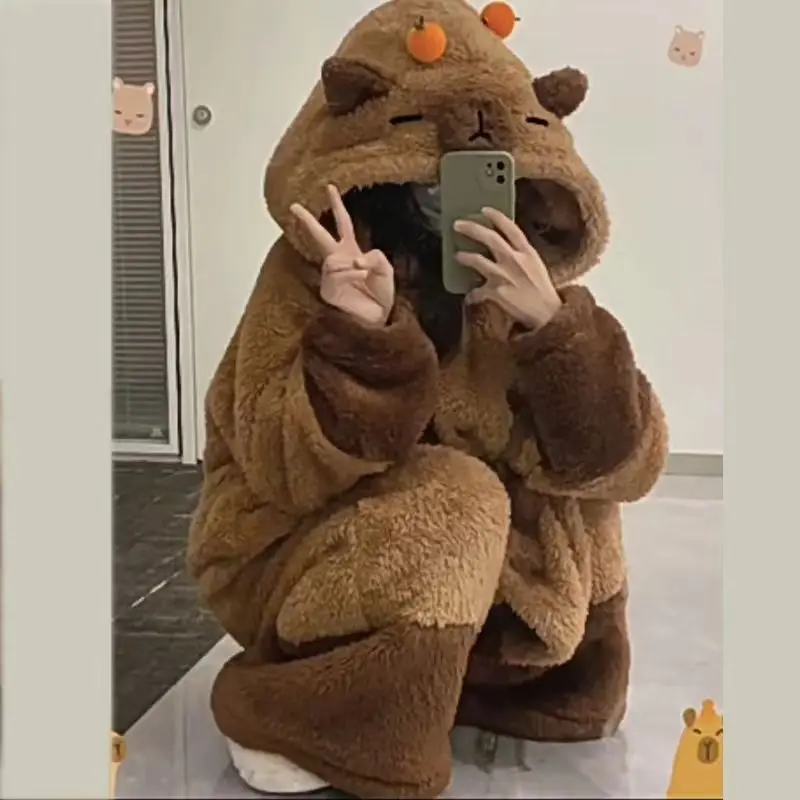 2024 Winter New Capybara Pajamas For Girls Hooded Coral Velvet Cartoon Cute Style Sleepwear Pants Birthday Gift Warm Clothing-animated-img