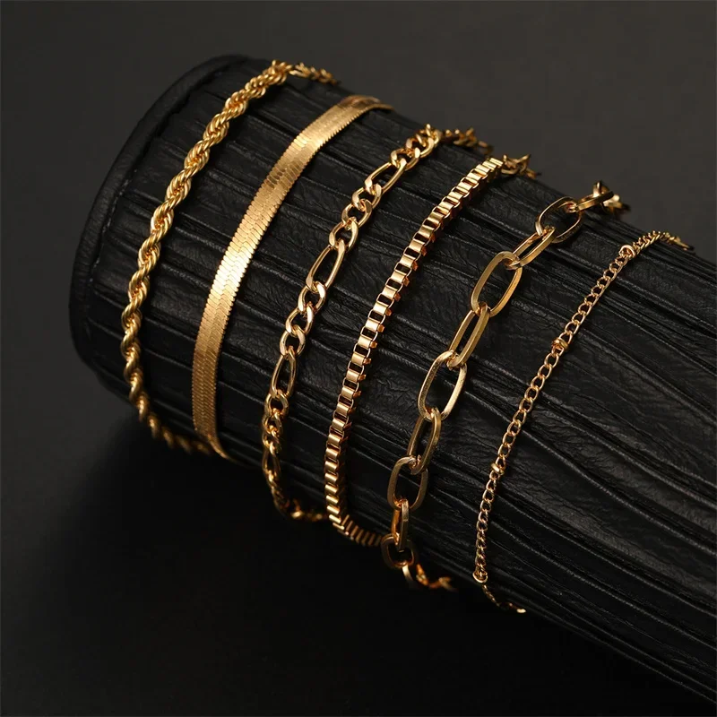 6Pcs Gold Color Bracelet Set Boho Retro Multilayer Thick Twist Cuban Chain Bracelet For Women 2024 Trendy Quality Jewelry Gifts preview-2