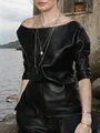 Gymystars Faux Leather Long Sleeves Women Clothing Fashion Half Sleeves One-Shoulder Trendy T-Shirts Black PU Top for Female