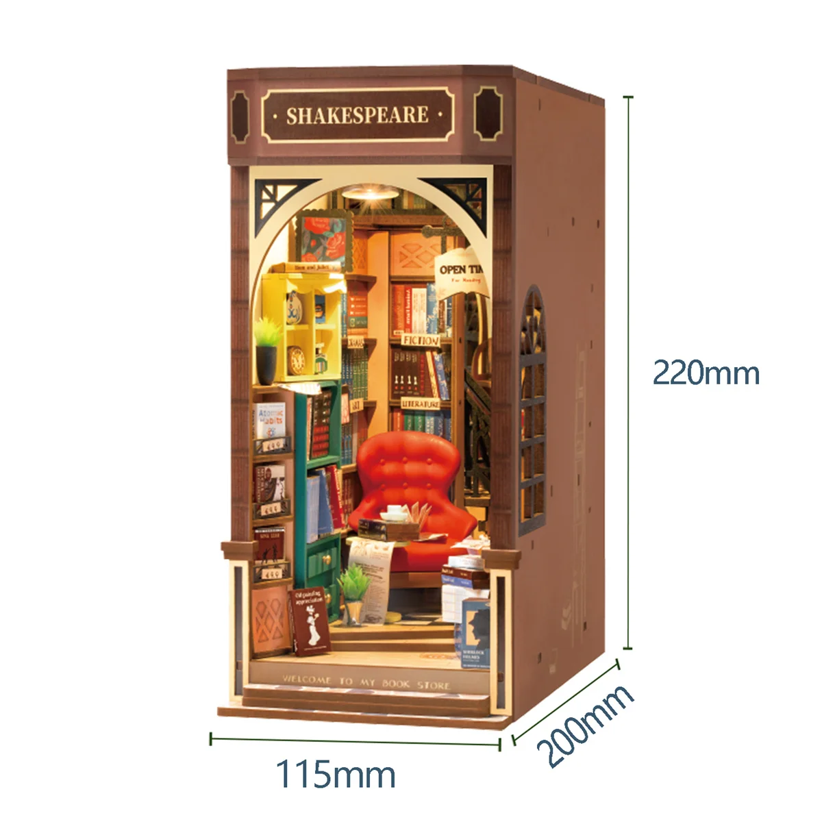 Robotime Rolife Bookstore Book Nook Bookend Model Kit with LED Light DIY Miniature House Kit for Bookshelf Decor - TGB07-animated-img